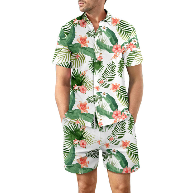 Printed Beach Shirt Summer Suit 2ps Loose Lapel Button Top And Drawstring Pockets Shorts Casual Short Sleeve Suits For Men Clothing