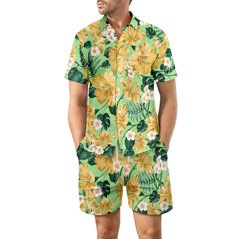 Printed Beach Shirt Summer Suit 2ps Loose Lapel Button Top And Drawstring Pockets Shorts Casual Short Sleeve Suits For Men Clothing