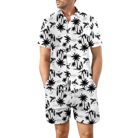 Printed Beach Shirt Summer Suit 2ps Loose Lapel Button Top And Drawstring Pockets Shorts Casual Short Sleeve Suits For Men Clothing