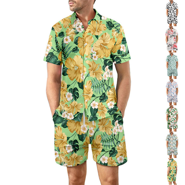 Printed Beach Shirt Summer Suit 2ps Loose Lapel Button Top And Drawstring Pockets Shorts Casual Short Sleeve Suits For Men Clothing