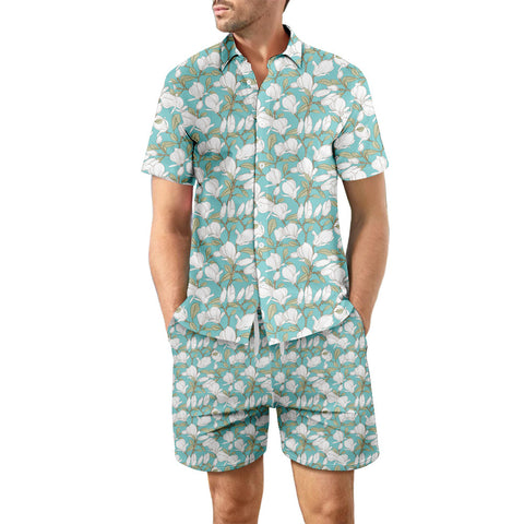 Printed Beach Shirt Summer Suit 2ps Loose Lapel Button Top And Drawstring Pockets Shorts Casual Short Sleeve Suits For Men Clothing