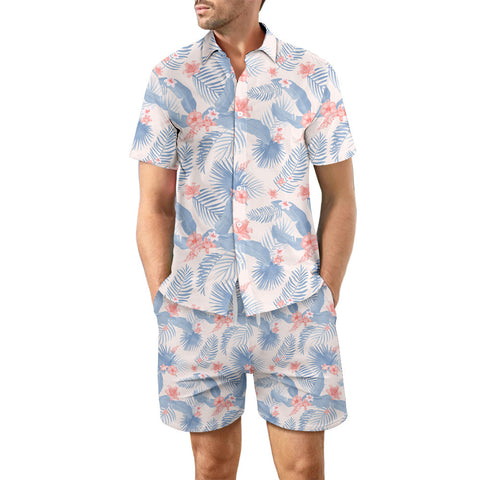 Printed Beach Shirt Summer Suit 2ps Loose Lapel Button Top And Drawstring Pockets Shorts Casual Short Sleeve Suits For Men Clothing