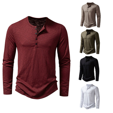 Long Sleeve T-shirt Fashion Button Henry Collar Tops