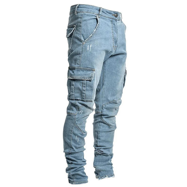 Street Elastic Jeans Men Denim Cargo Pants Wash Solid Colour Multi Pockets Casual Mid Waist Trousers Slim Fit Daily Wear