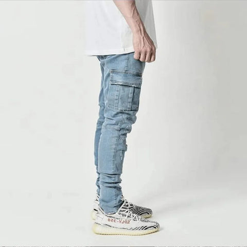 Street Elastic Jeans Men Denim Cargo Pants Wash Solid Colour Multi Pockets Casual Mid Waist Trousers Slim Fit Daily Wear