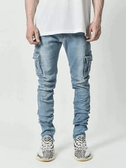 Street Elastic Jeans Men Denim Cargo Pants Wash Solid Colour Multi Pockets Casual Mid Waist Trousers Slim Fit Daily Wear