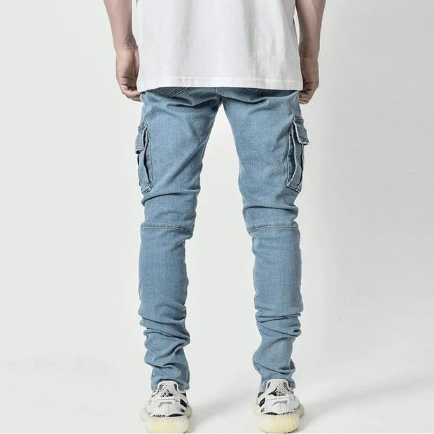 Street Elastic Jeans Men Denim Cargo Pants Wash Solid Colour Multi Pockets Casual Mid Waist Trousers Slim Fit Daily Wear