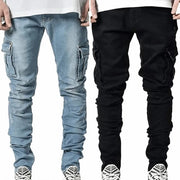 Street Elastic Jeans Men Denim Cargo Pants Wash Solid Colour Multi Pockets Casual Mid Waist Trousers Slim Fit Daily Wear