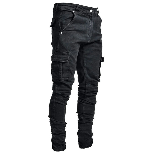 Street Elastic Jeans Men Denim Cargo Pants Wash Solid Colour Multi Pockets Casual Mid Waist Trousers Slim Fit Daily Wear