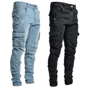 Street Elastic Jeans Men Denim Cargo Pants Wash Solid Colour Multi Pockets Casual Mid Waist Trousers Slim Fit Daily Wear