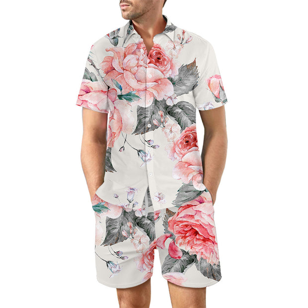 Printed Beach Shirt Summer Suit 2ps Loose Lapel Button Top And Drawstring Pockets Shorts Casual Short Sleeve Suits For Men Clothing