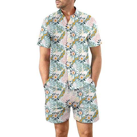 Printed Beach Shirt Summer Suit 2ps Loose Lapel Button Top And Drawstring Pockets Shorts Casual Short Sleeve Suits For Men Clothing